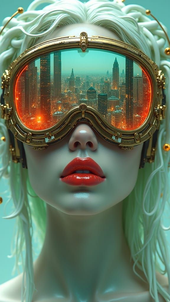 Cyberpunk Techno-Oracle Goggles Reflecting Metropolis