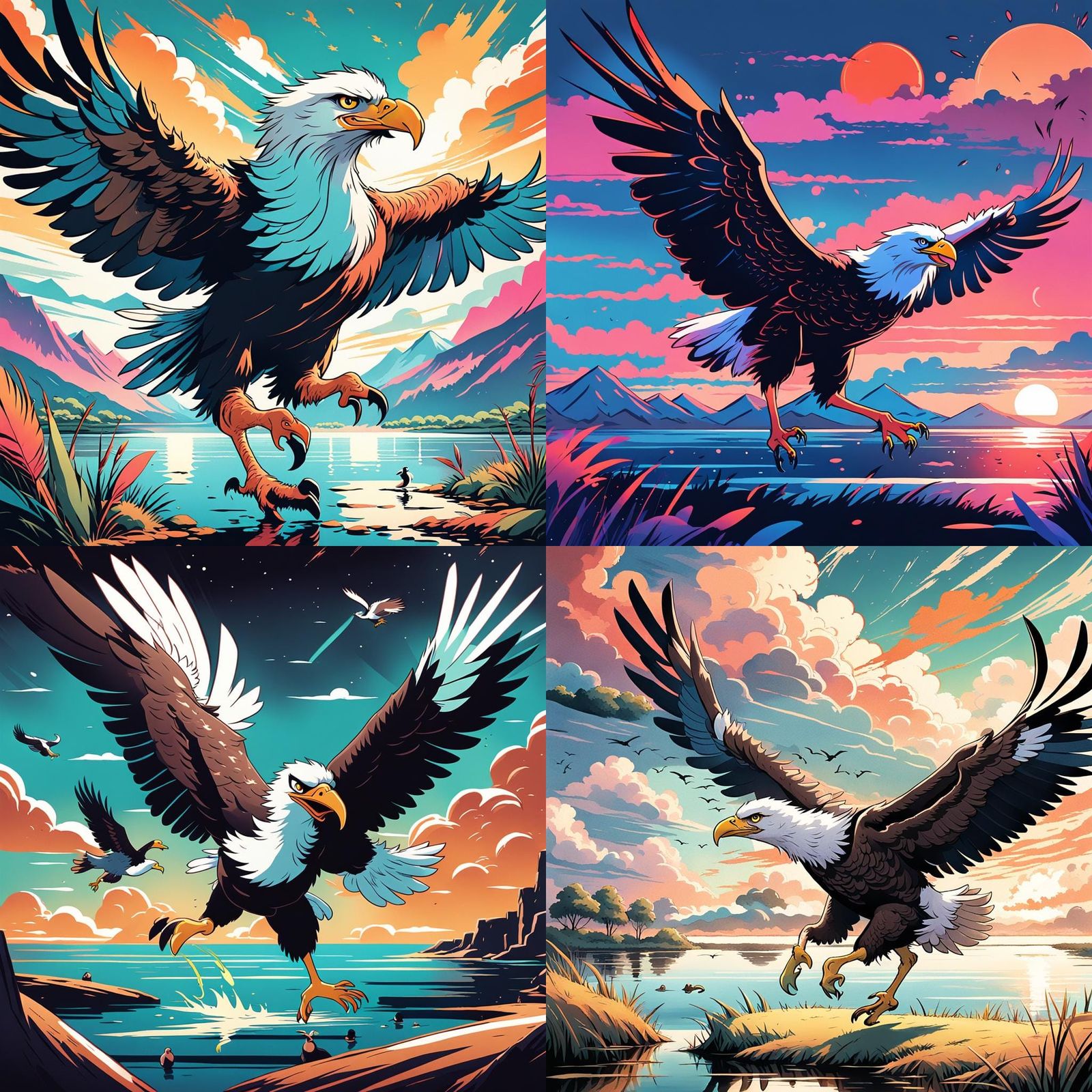 Cartoon Eagle, Ostrich, and Duck in Anime Style