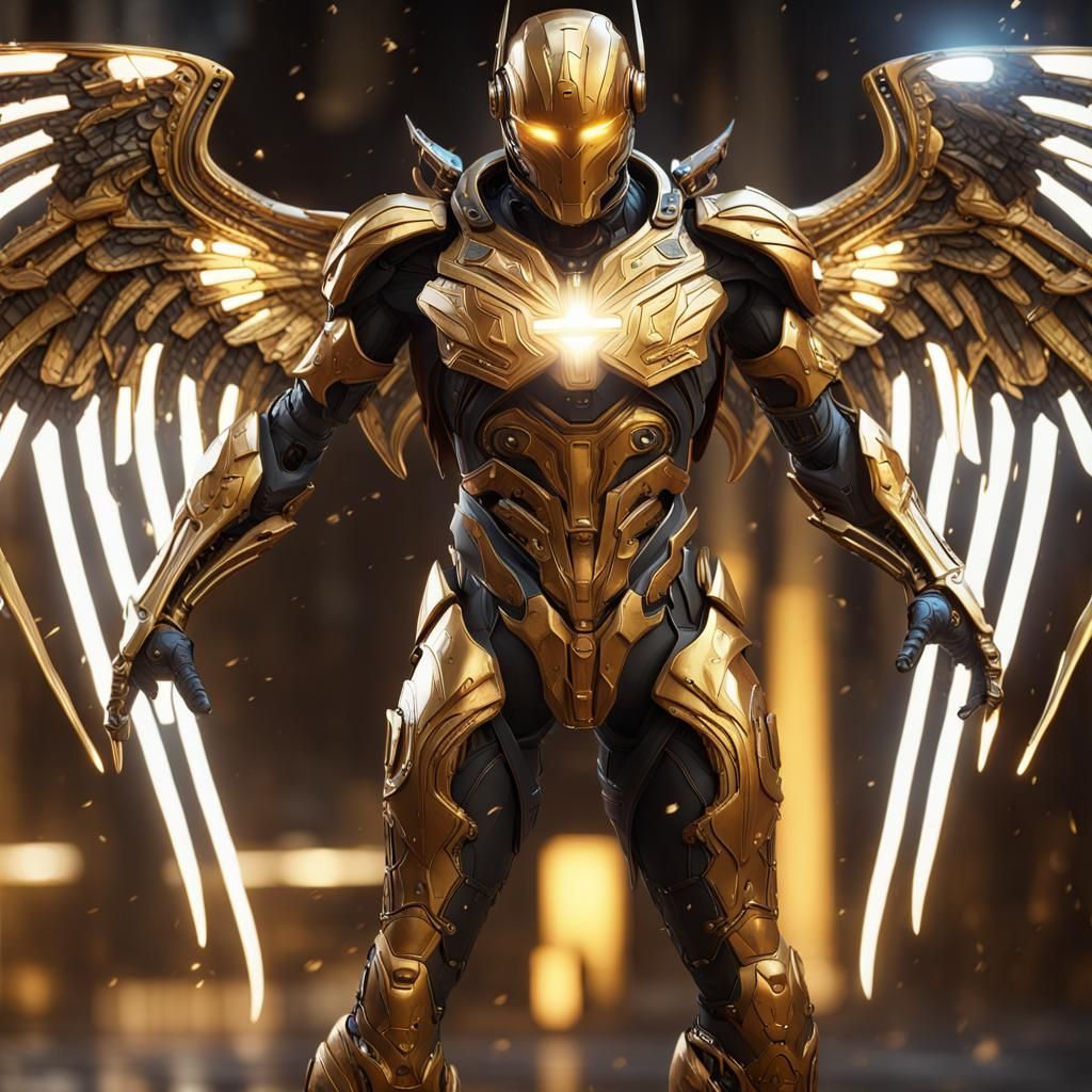Cybernetic Superhero with Angel Wings, Digital Art