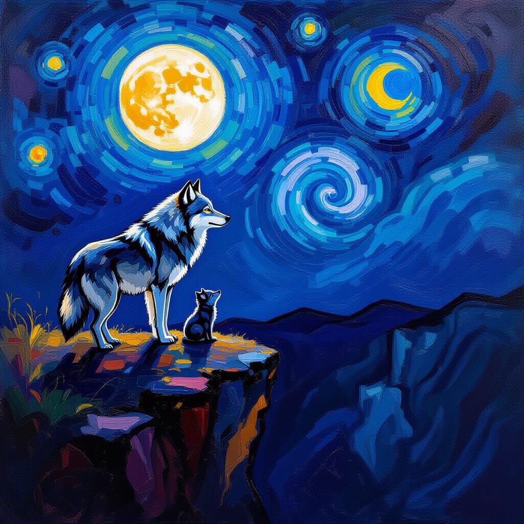 Wolf and Cub on Cliff Under Moonlit Sky, Neo-Impressionist S...
