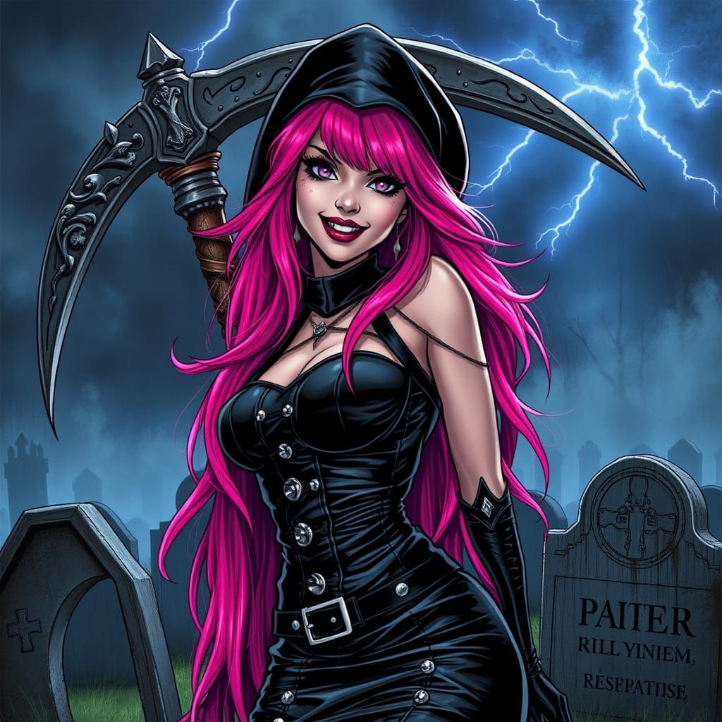 Pink-Haired Reaper in Stormy Cemetery, Comic Book Style