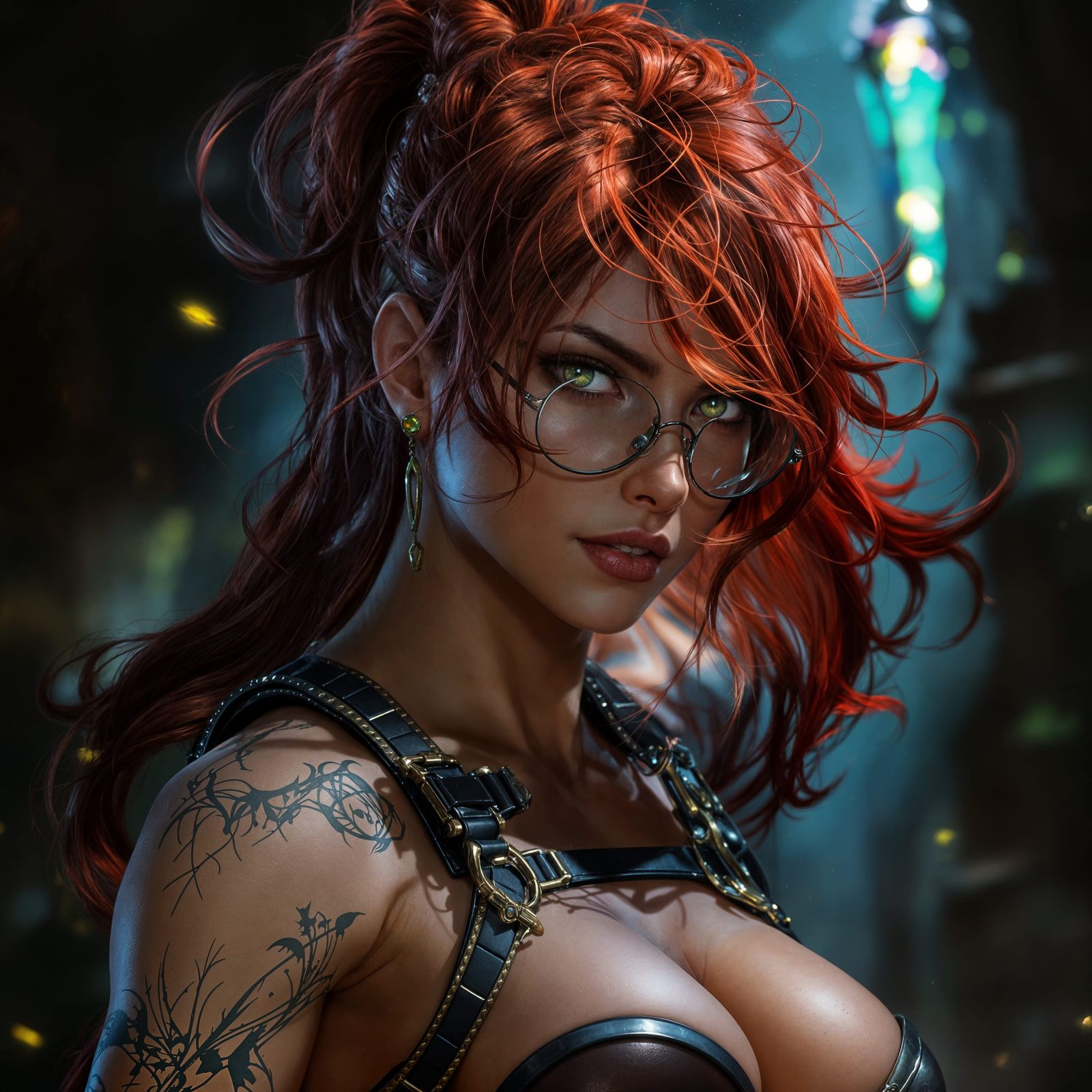 Dark Fantasy Concept Art of Muscular Redhead Woman in Harnes...