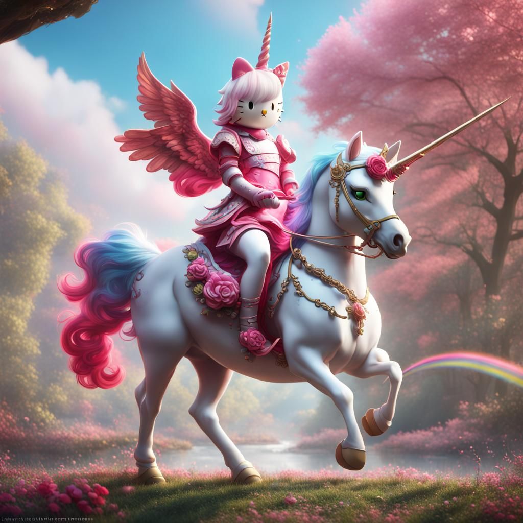 “Hello Kitty” riding a unicorn