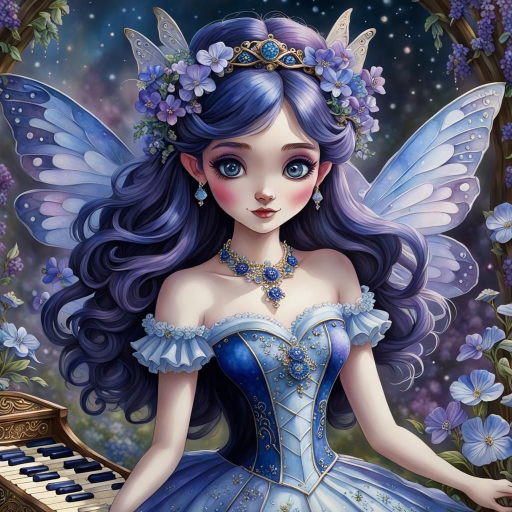 Eerie Fairy Girl with Nemophila, Watercolor Art