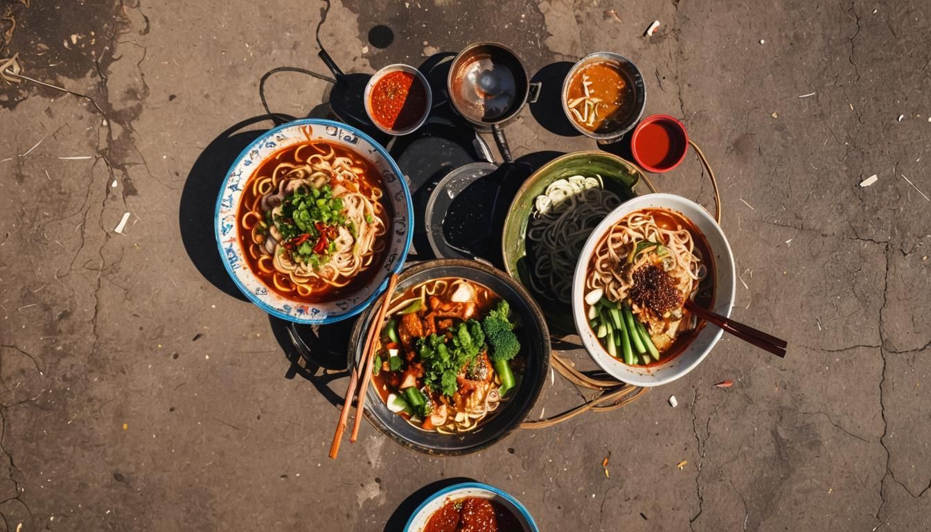 Spicy Chicken Noodles: Vibrant Southeast Asian Street Art