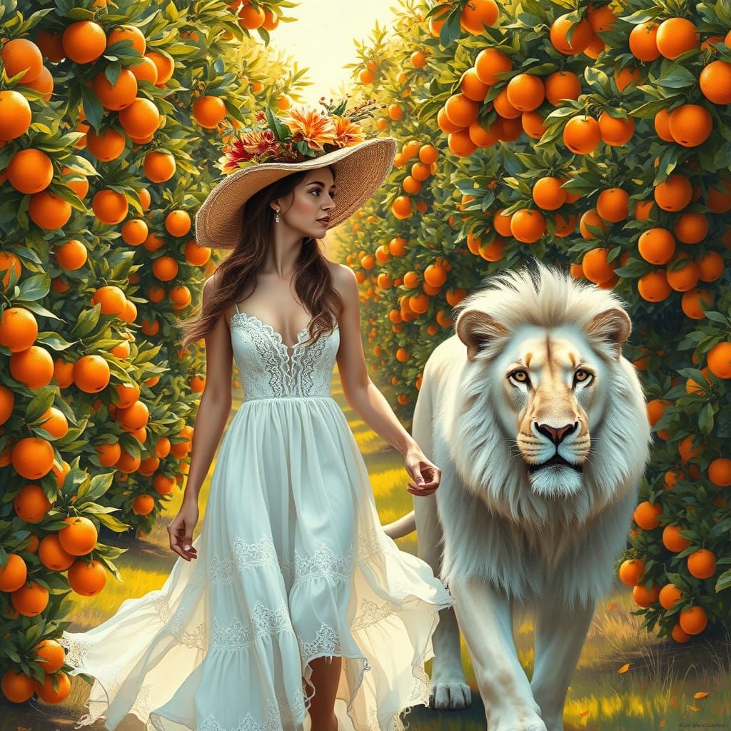 Lady and White Lion Stroll Through Vibrant Orange Groves