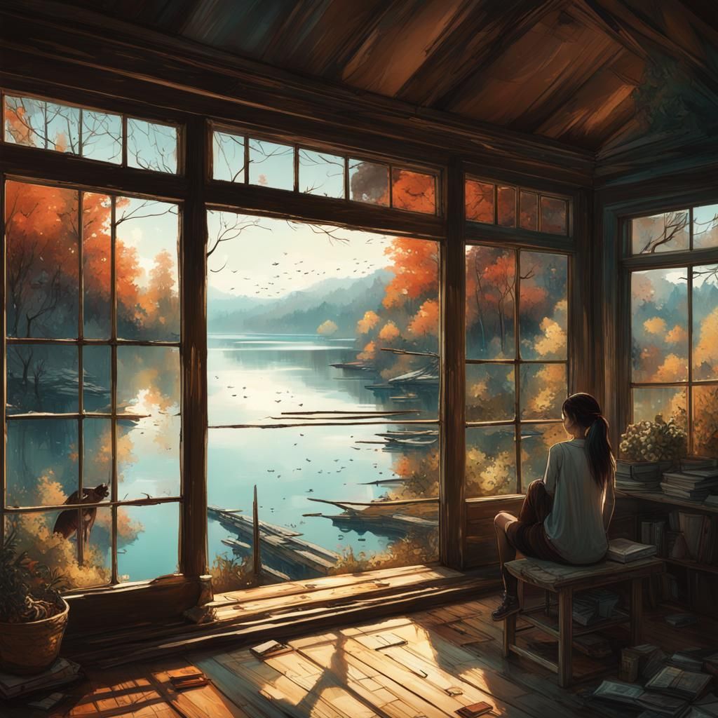 Lake View Through Open Window, Hyperdetailed 8K