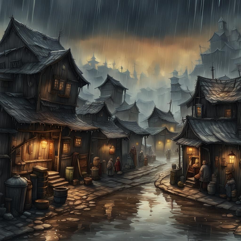 Dark Fantasy Shantytown Streetscape in Watercolor Style