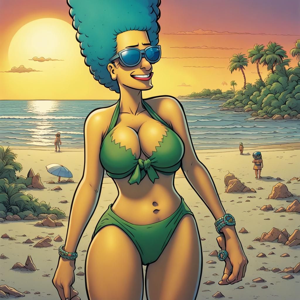 Marge Simpson Beach Sunset in Comic Book Art