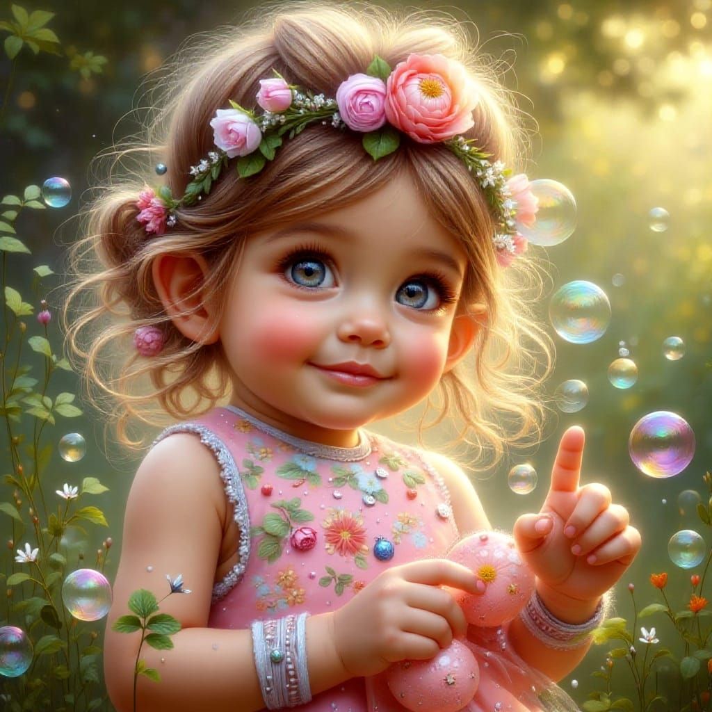 Little Girl Playing with Bubbles in Fantasy Glow