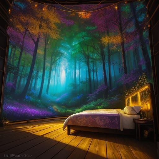 Mystical Bed in Enchanted Forest: Fantasy Art