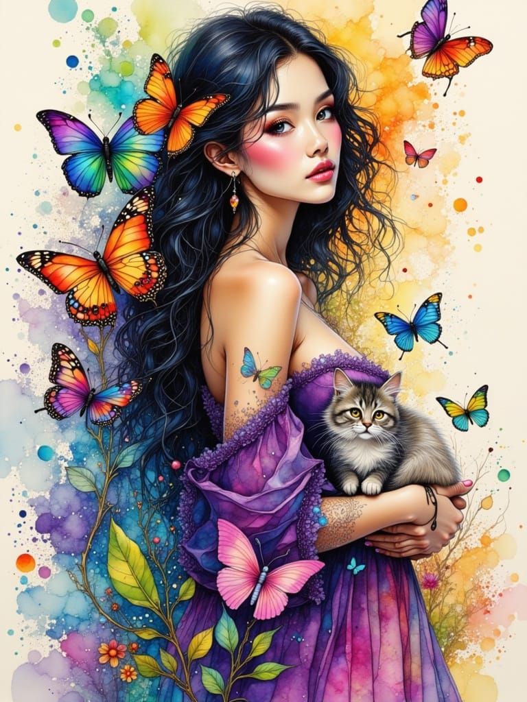 Watercolor Painting of Woman with Cat and Butterflies