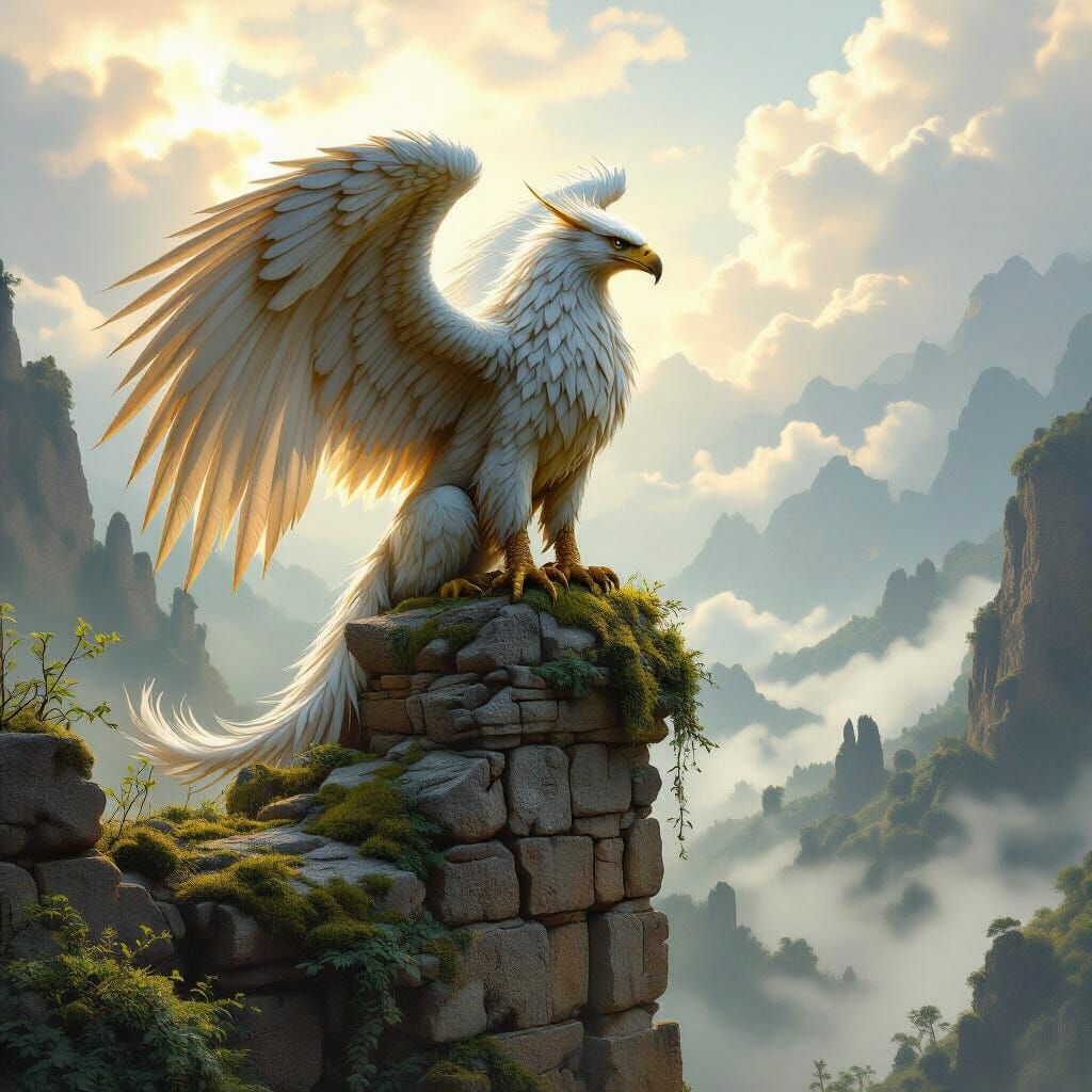 Majestic Griffin on Ancient Ruin Above Misty Valley