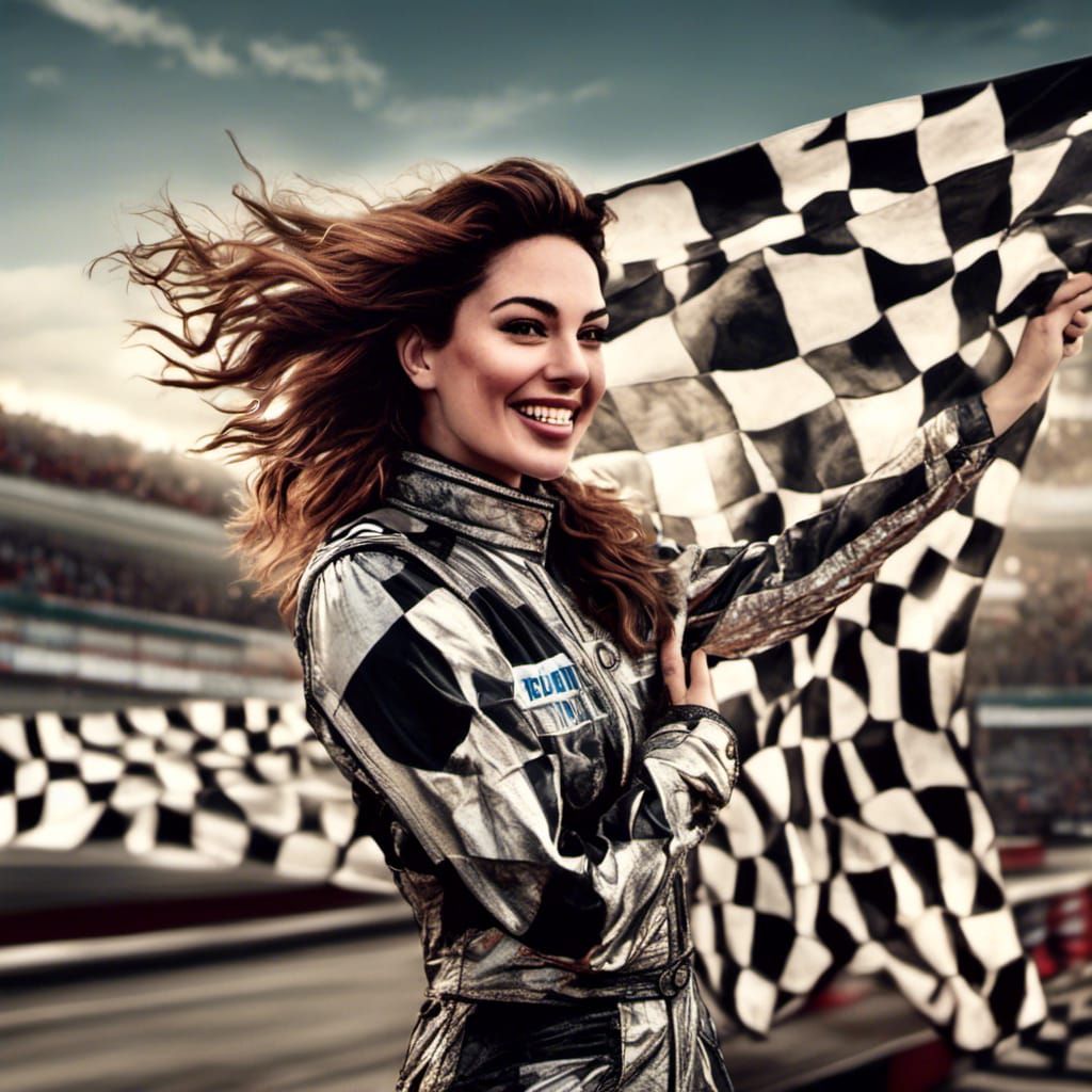 Kelly Brook Waving Checkered Flag in Hyperreal Photo