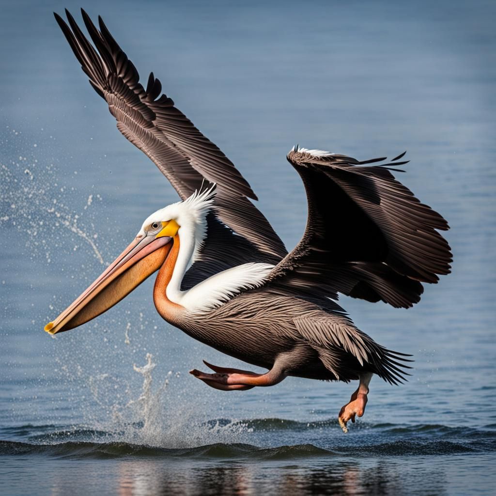 Pelican Catching Fish Over Ocean