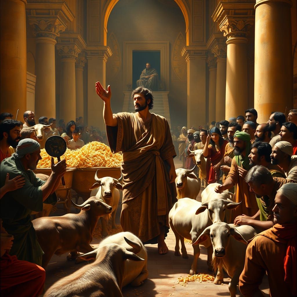 Renaissance-Style Painting of Joseph Distributing Grain in A...