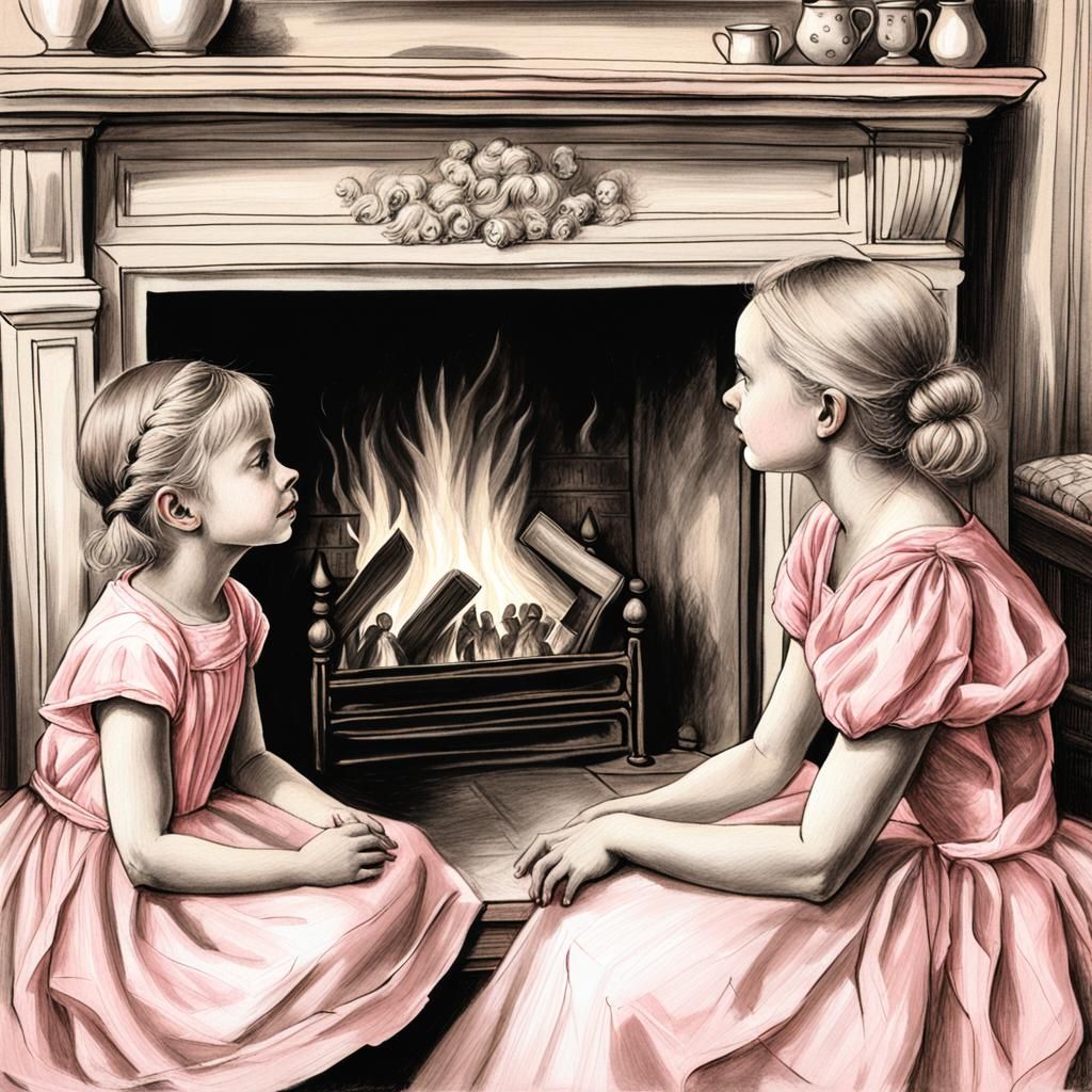 Charcoal Drawing: Woman in Pink Gown with Children