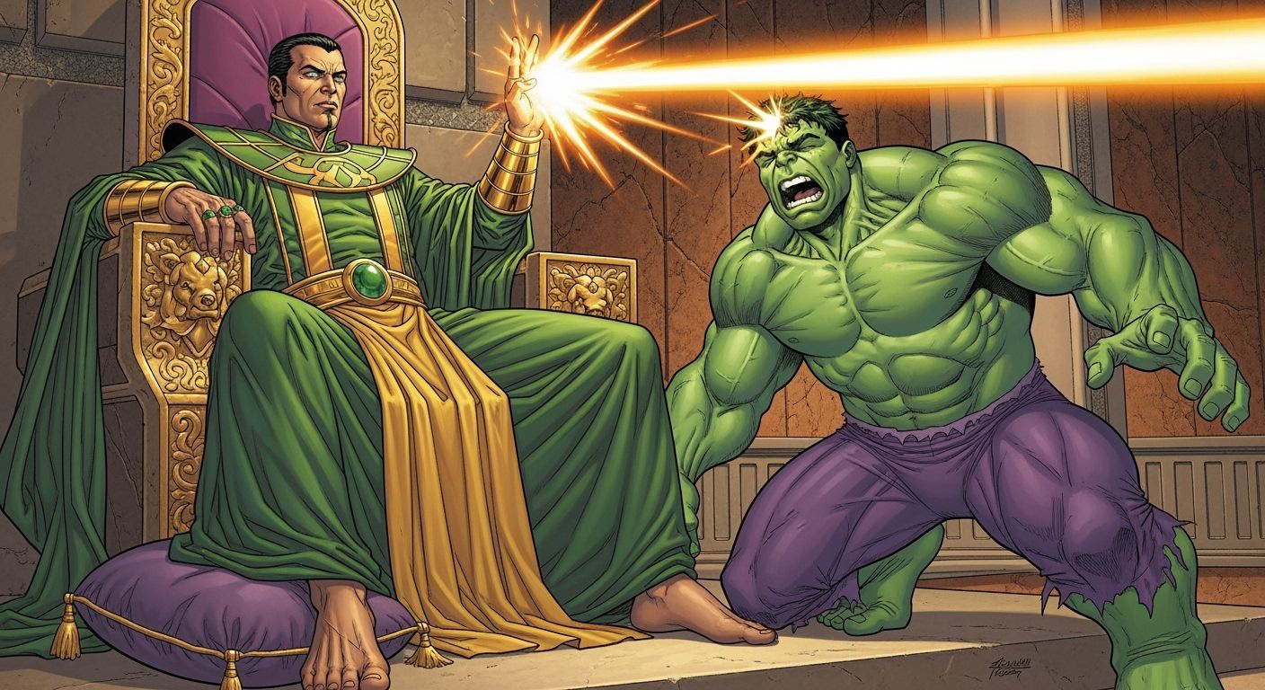 The Mandarin Attacks Hulk with Energy Beam in Comic Style