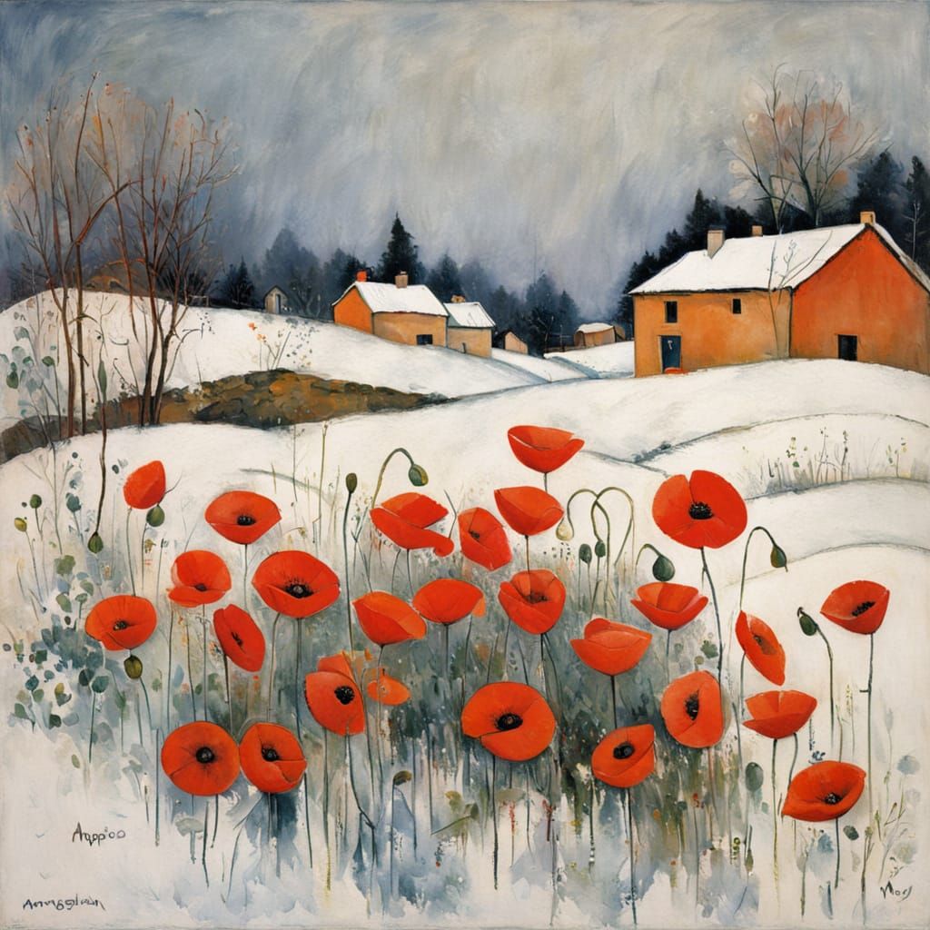 Poppies in Snow: Modigliani-Inspired Impression