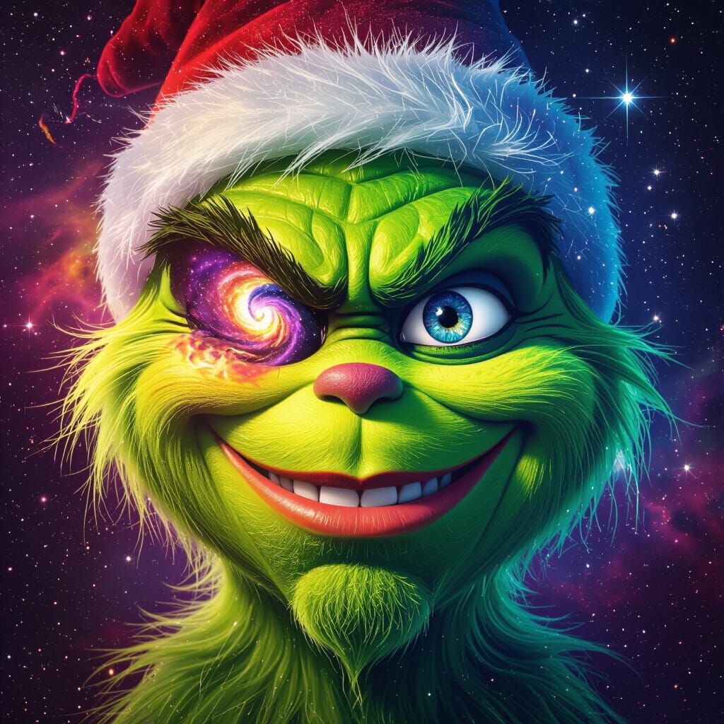 Grinch Galaxy Double Exposure in Psychedelic Art Style