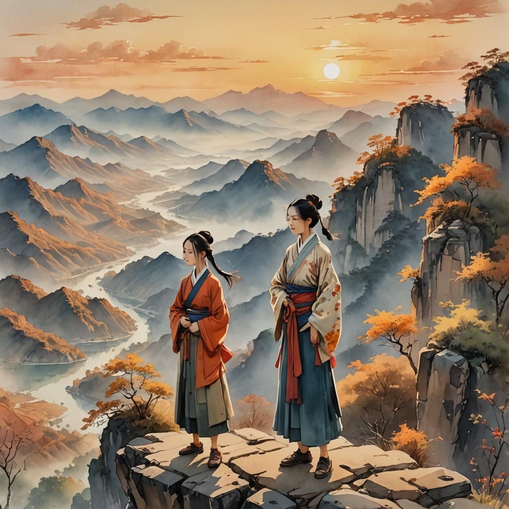 Hu Tao and Naza Overlook Mountain Vista in Watercolor
