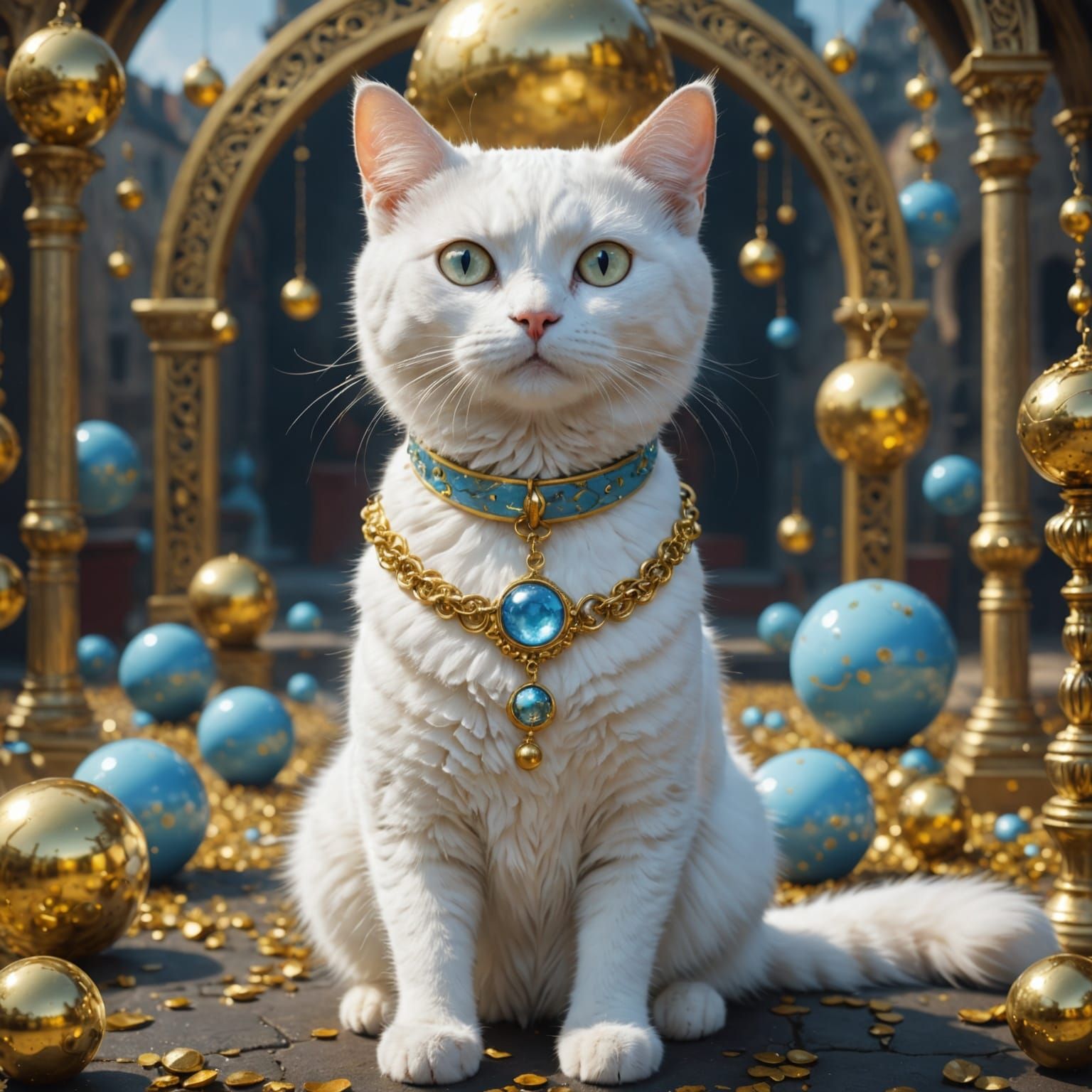 Mystical White Cat Surrounded by Golden Orbs in Vibrant Fant...