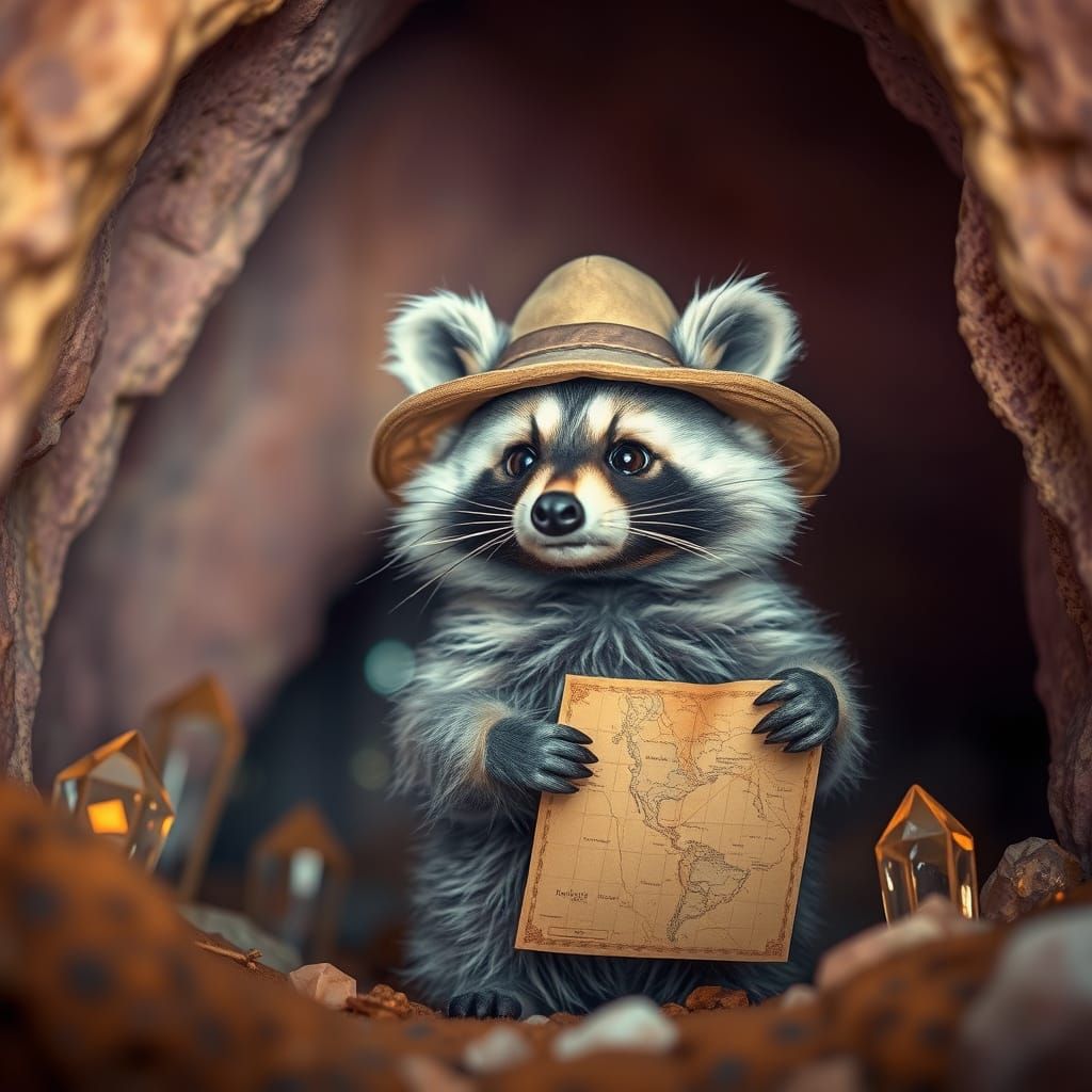 Explorer Raccoon at Crystal Cave Entrance