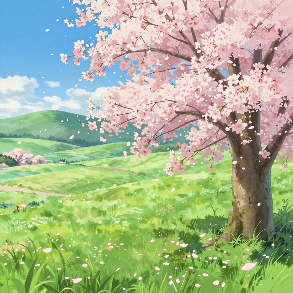 Anime Landscape with Cherry Blossoms and Volumetric Light