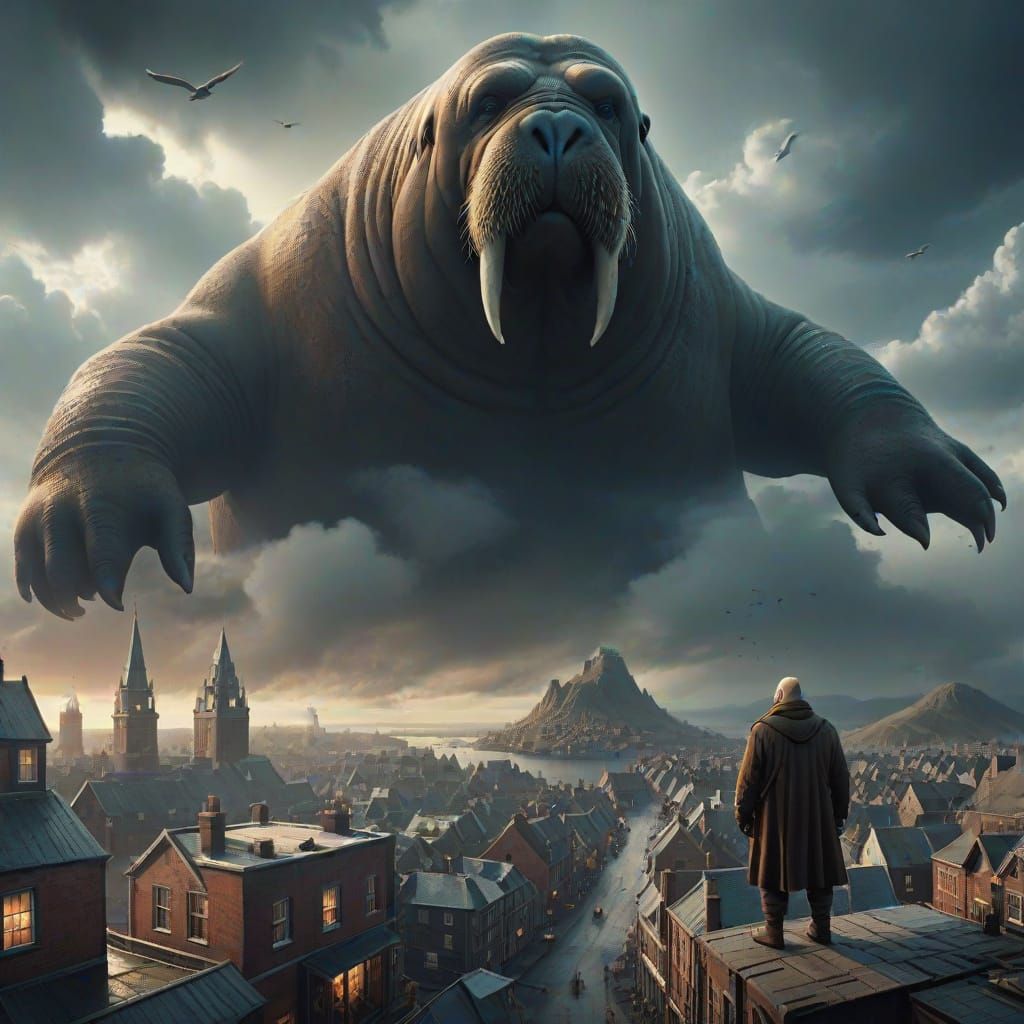 Epic Half-Walrus Giant Looms Over Town