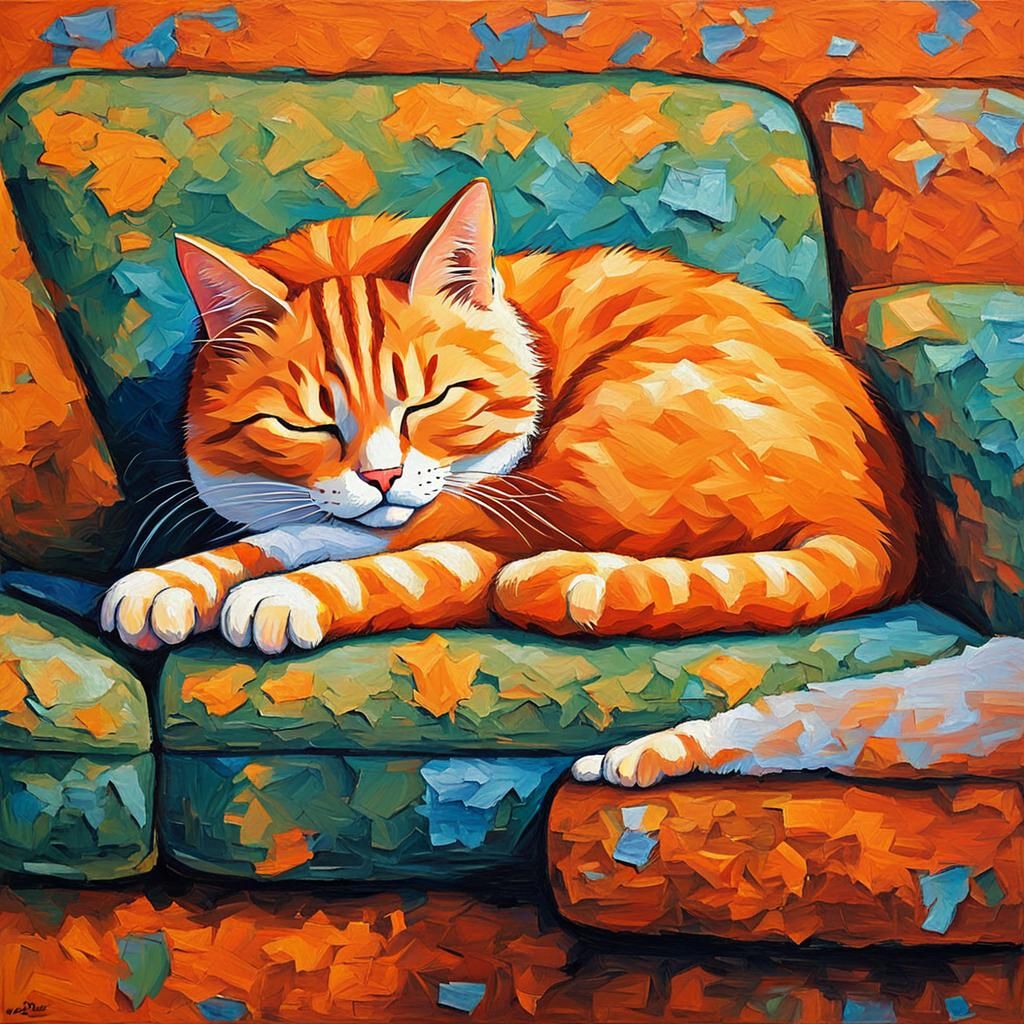 Orange Tabby Cat Sleeping: Neo-Impressionist Oil Painting