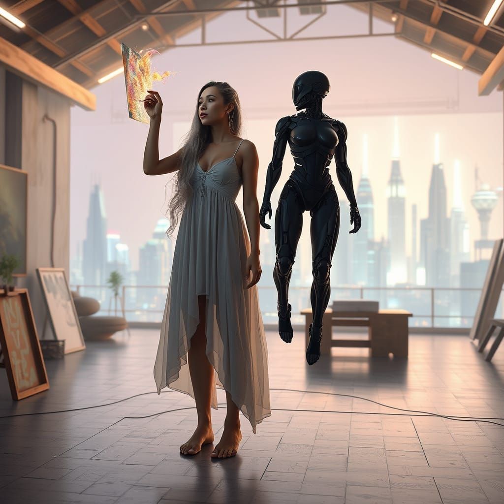 Cyberpunk Art Studio with Ethereal Painter and Cyborg