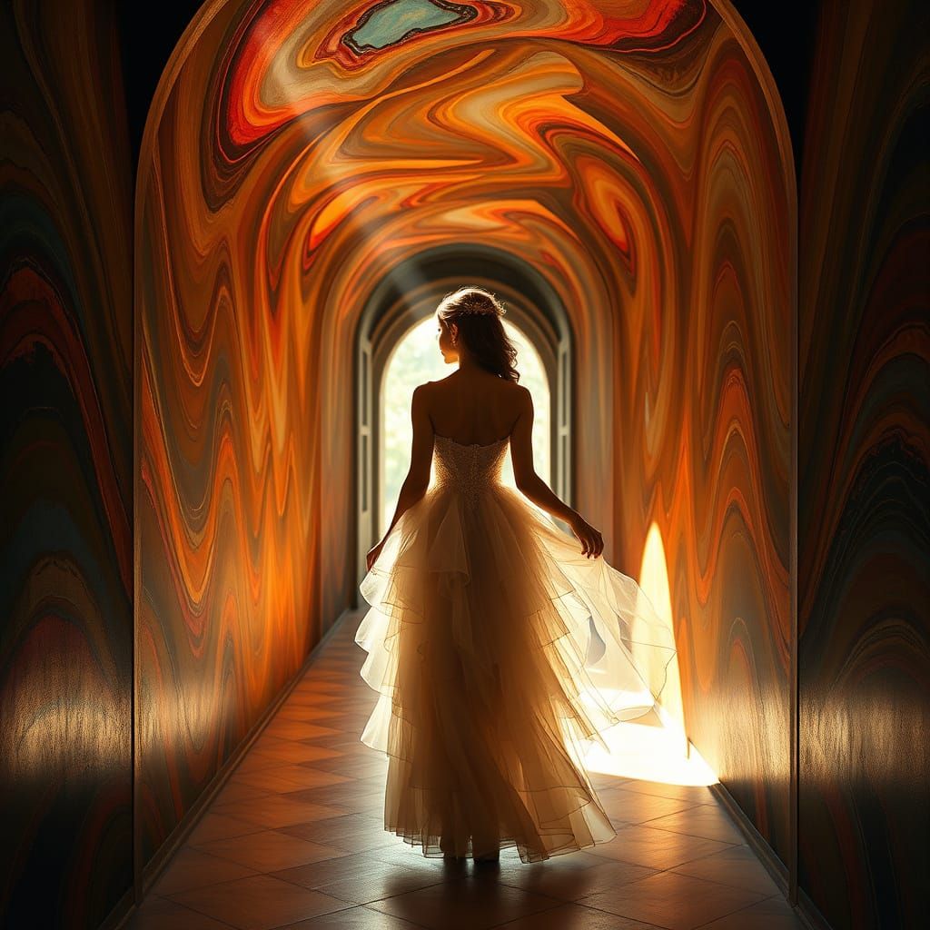 Ethereal Woman in Dreamlike Multicolored Hallway