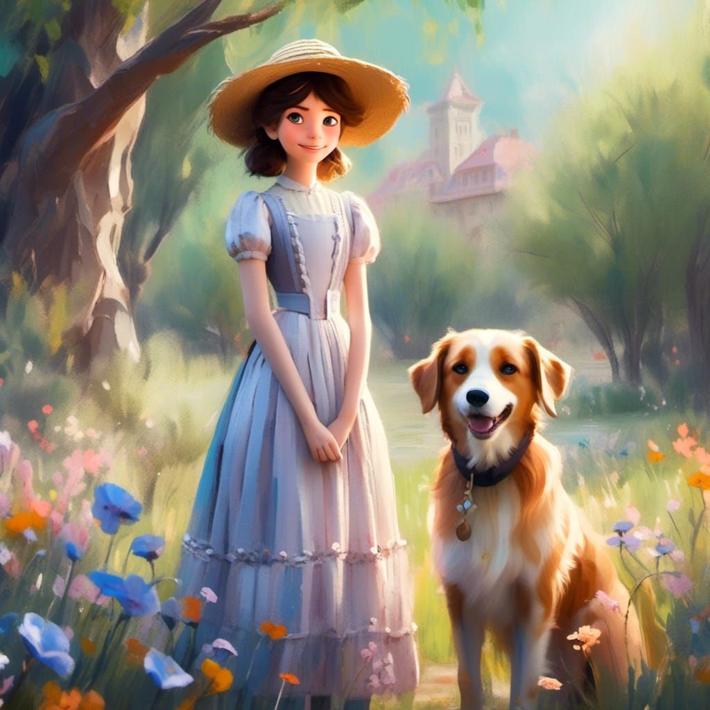 Girl with Dog in Spring Landscape as Pixar Art