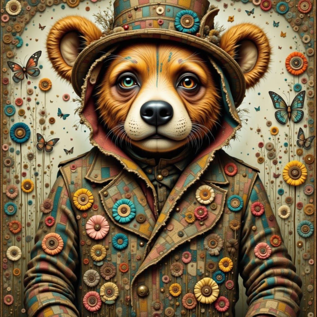 Wise Bear in Patchwork Jacket with Whimsical Motifs