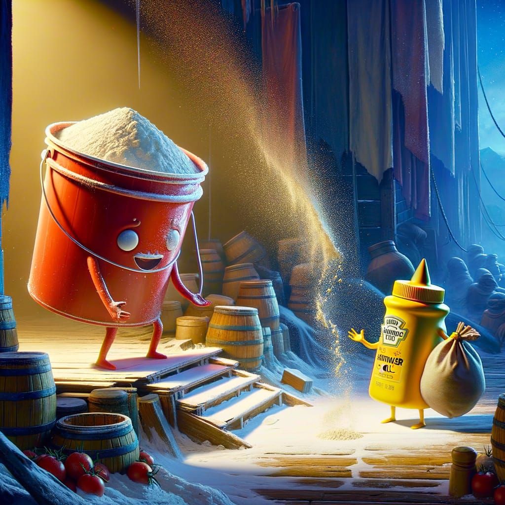 Ketchup Bucket Talks With Mustard Bucket Spilling Flour