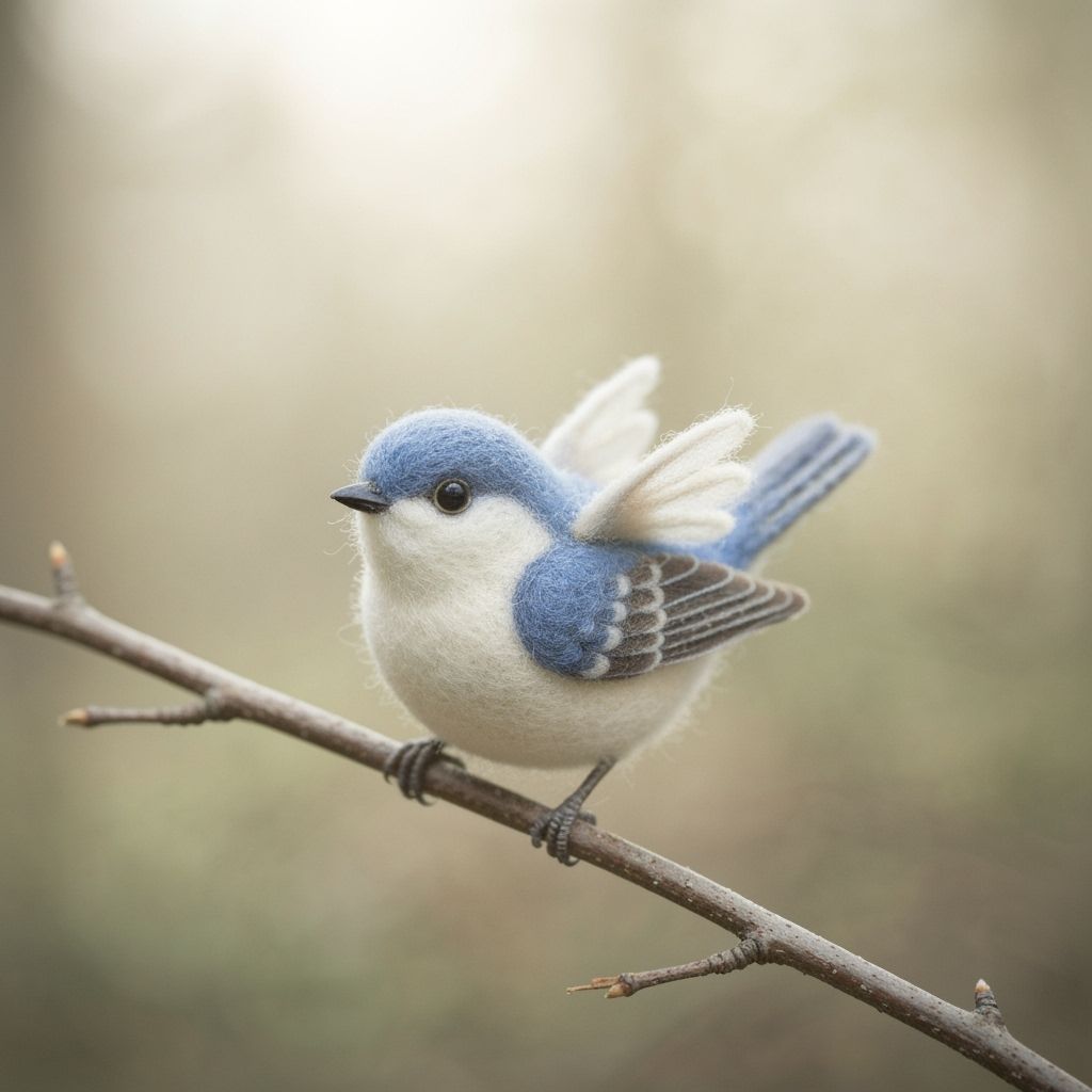 Felted Blue Bird on Twig in Folk Art Style