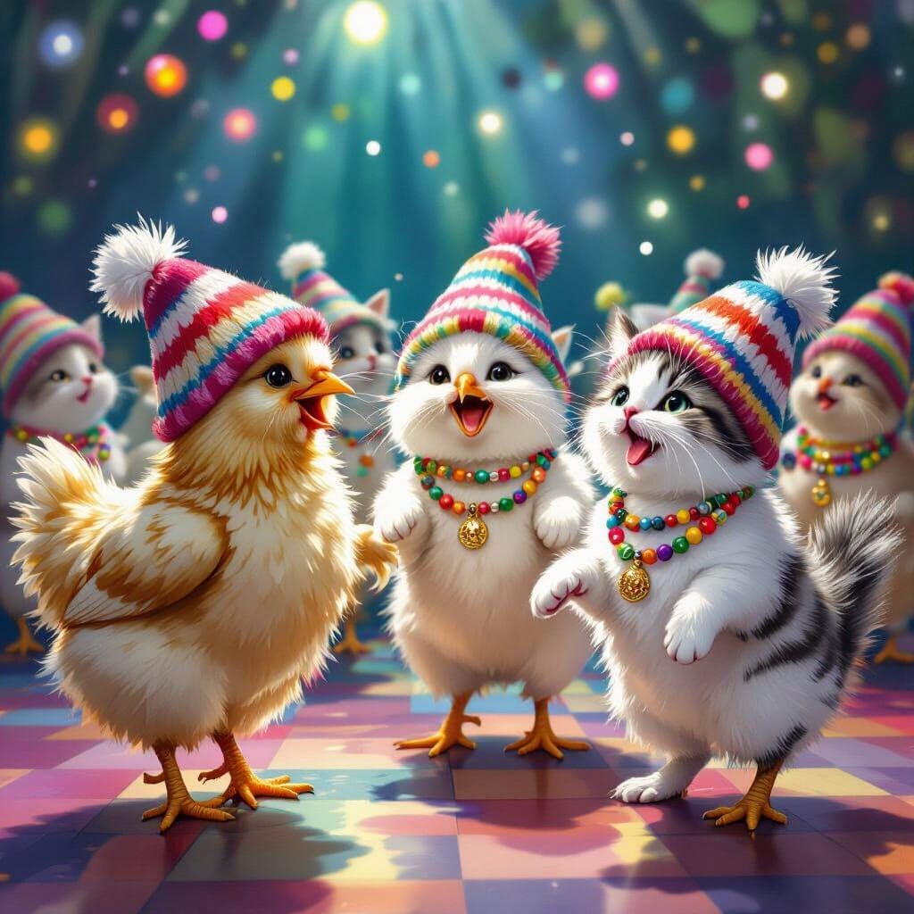 Whimsical Chickens and Kittens Disco Party