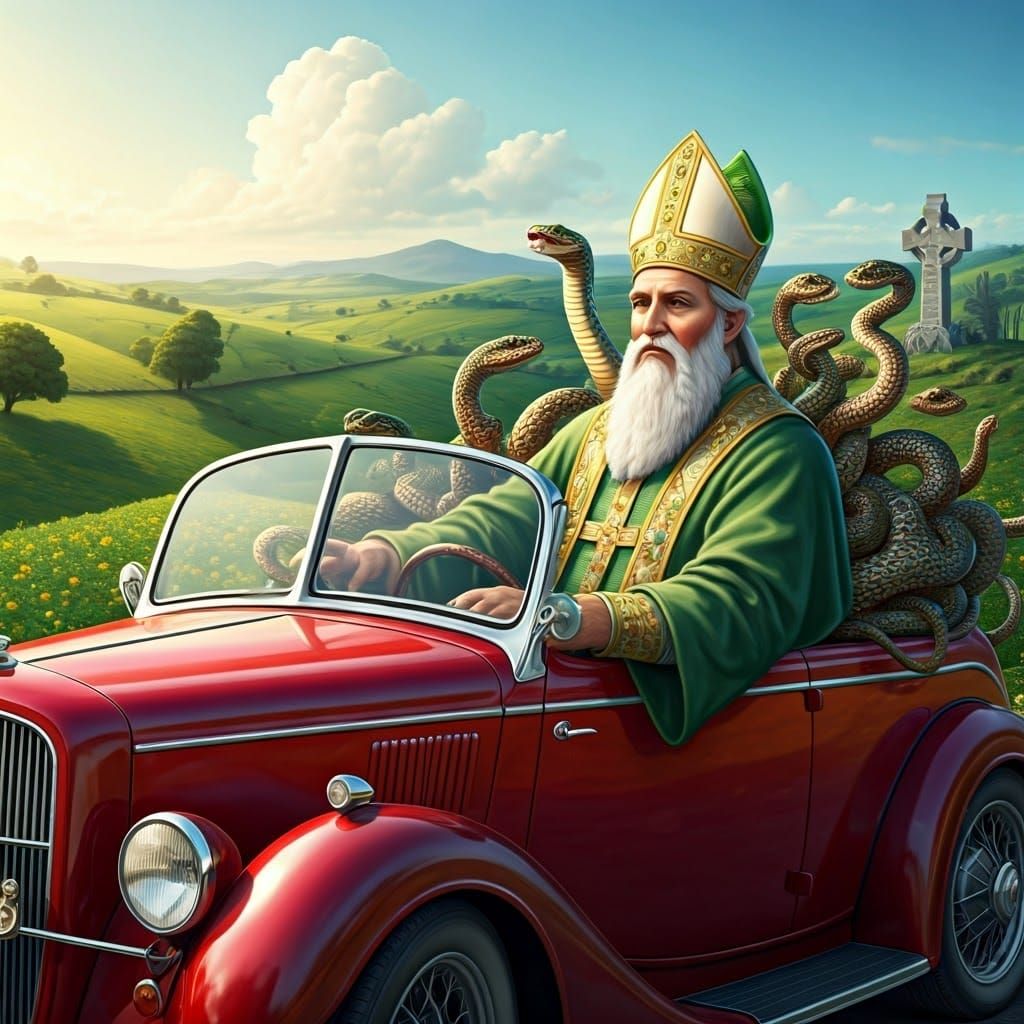 Saint Patrick Drives Off with Snakes in a Whimsical Irish La...