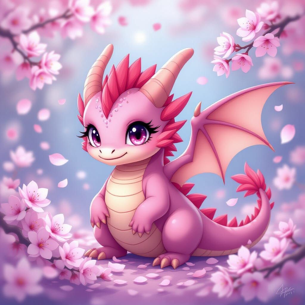 Chibi Dragon with Arcane Symbiote Among Cherry Blossoms