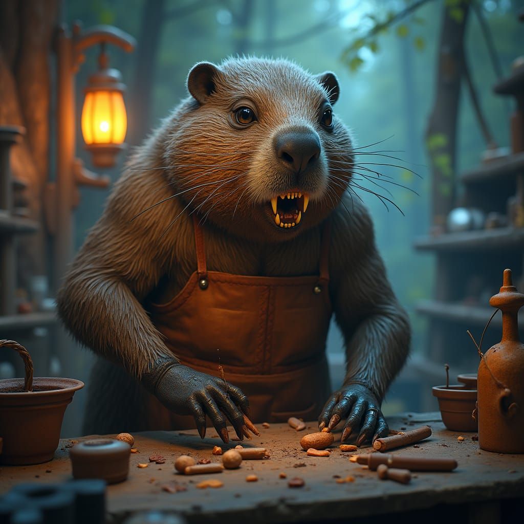 Beaver Craftsman in Eerie Futuristic Forest