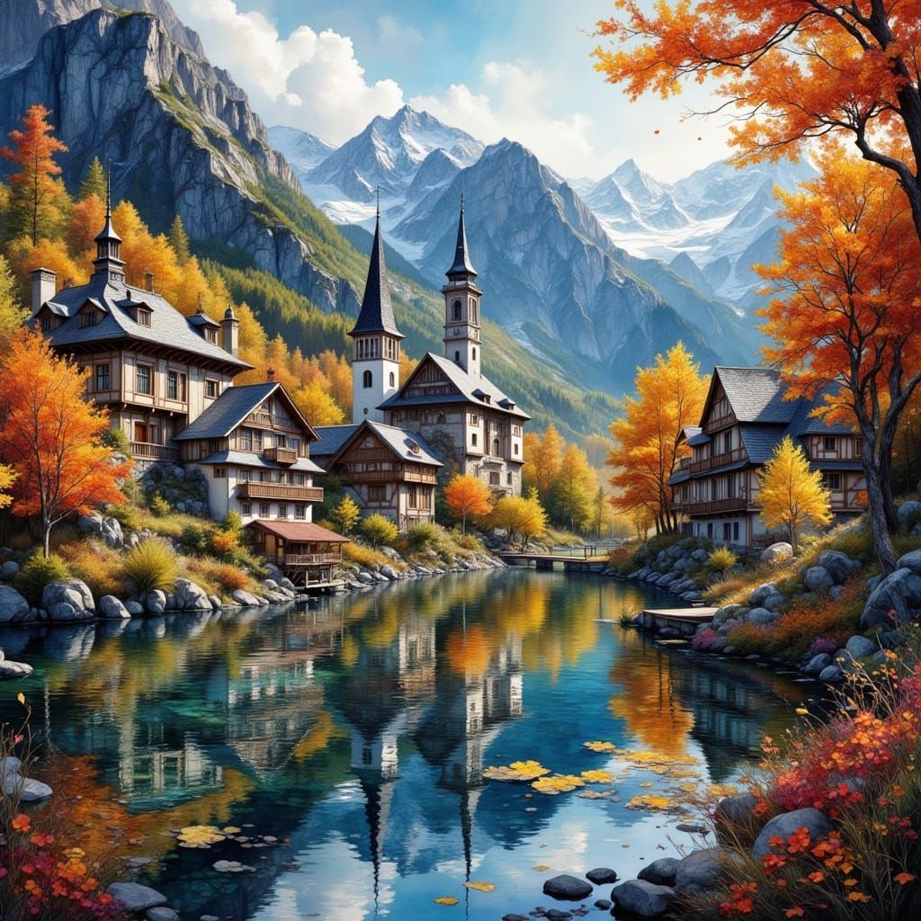 Picturesque Alpine Village in Autumn Colors