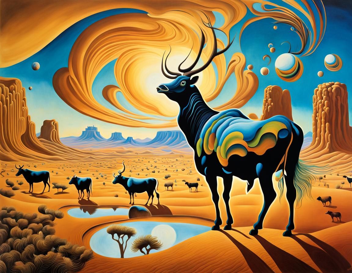 Surreal Desert Dreamscape with Ghost Cows
