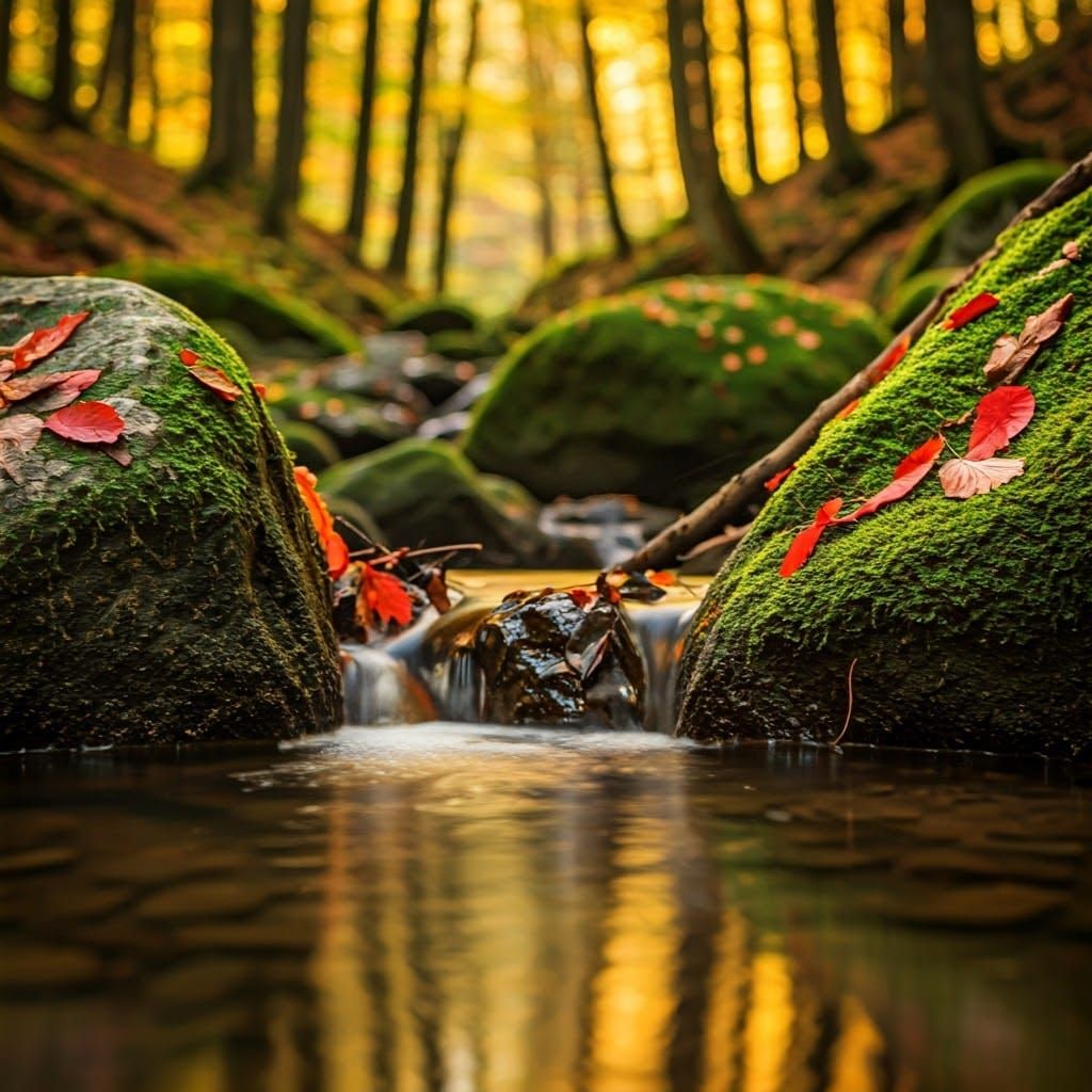 Autumn Stream in Beech Forest, Golden Light