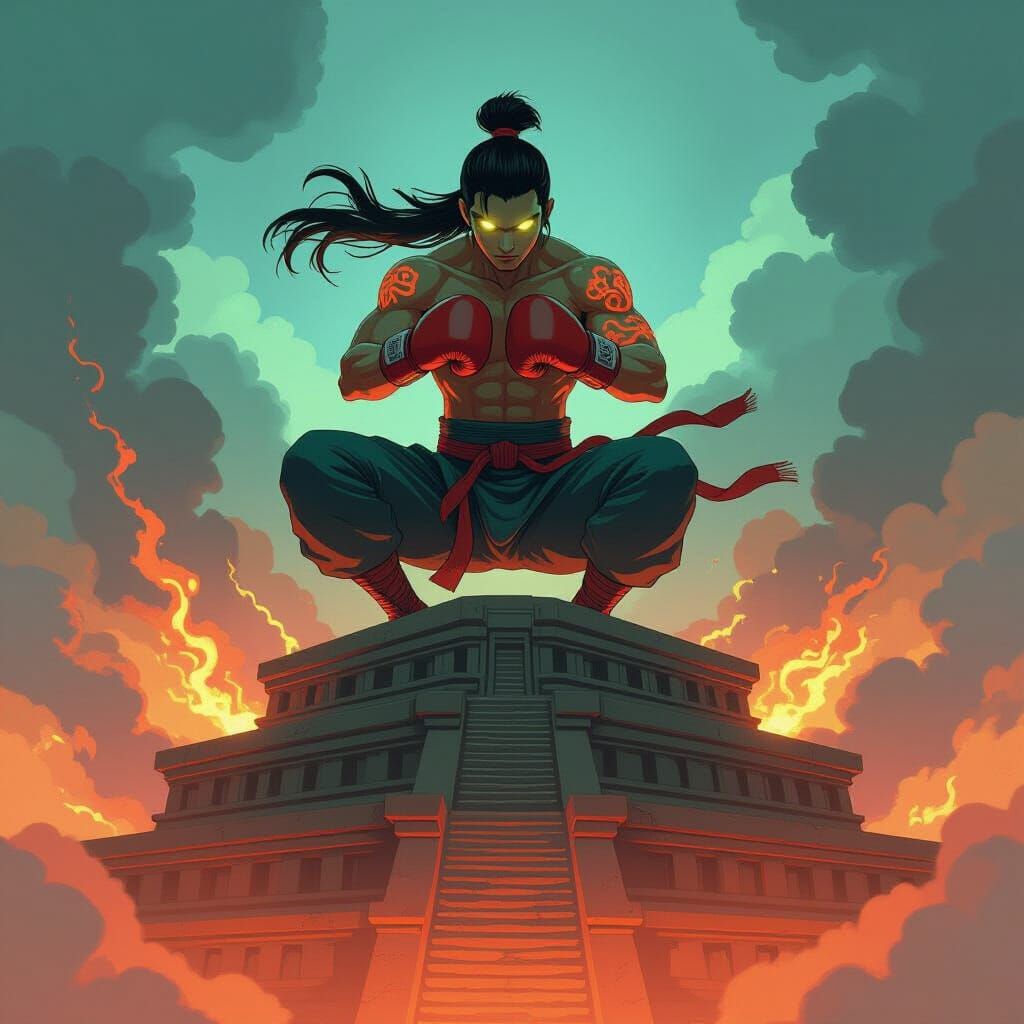 Muay Thai Warrior in Anime Style on Ancient Ziggurat