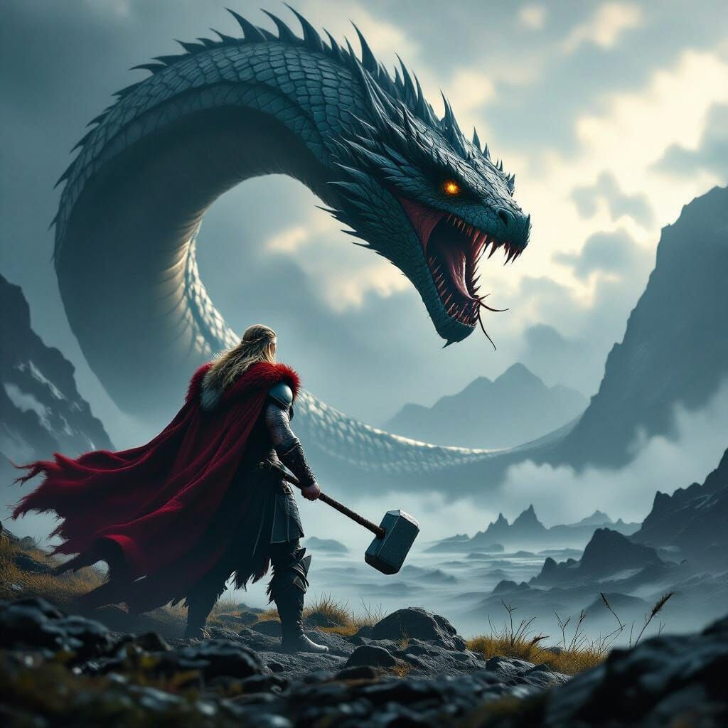 Thor Battles the Midgard Serpent in Epic Film Still
