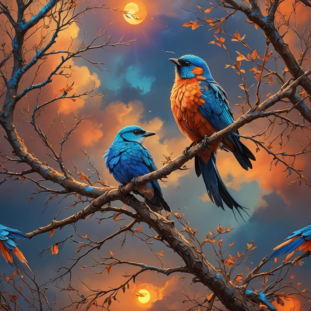 Blue-Eyed Bird at Sunset, Fantasy Digital Painting