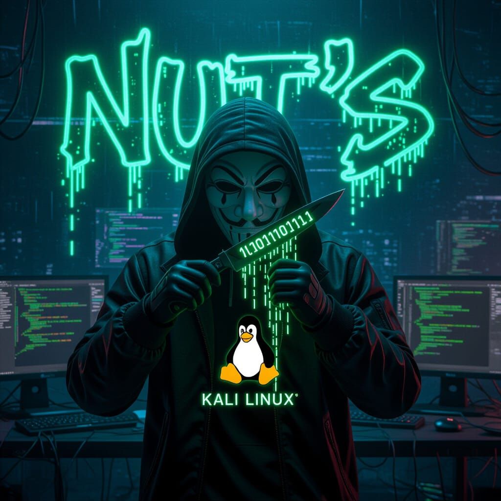 Cyberpunk Hacker With Mask and Knife in Neon Room