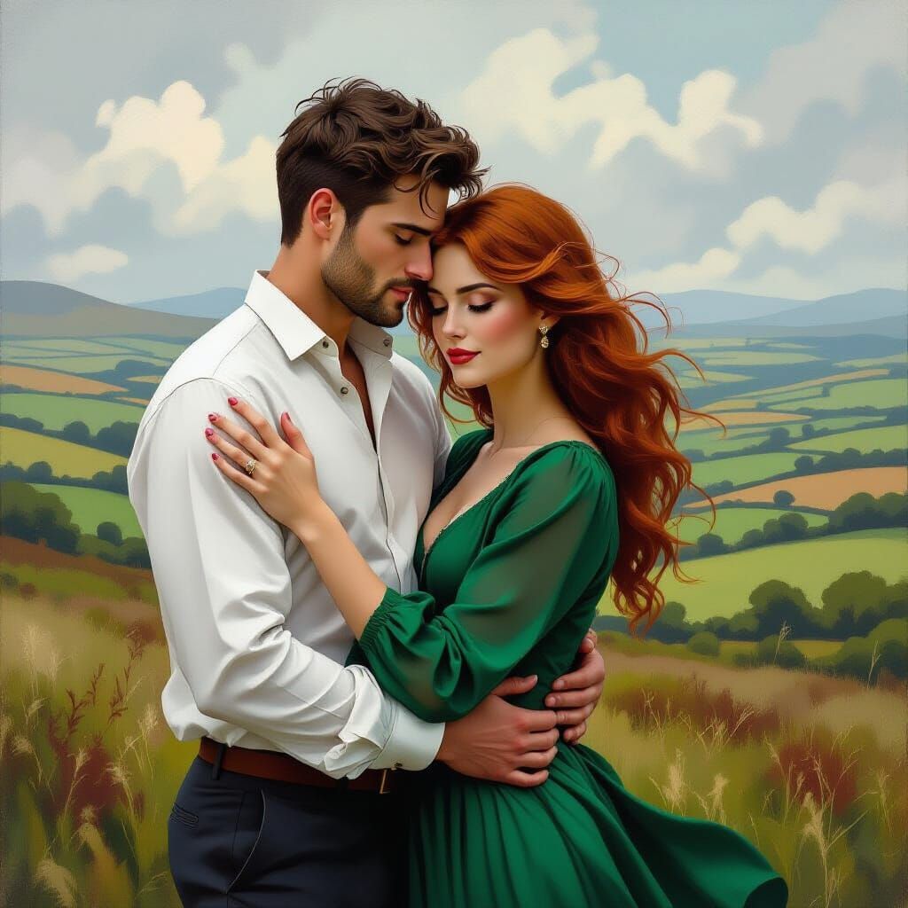 Romantic Couple Embraces in Serene Irish Countryside