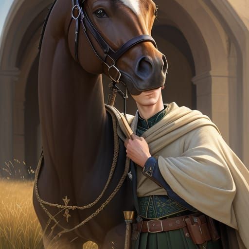 Handsome Hebrew Youth with Horse in Warm Golden Light