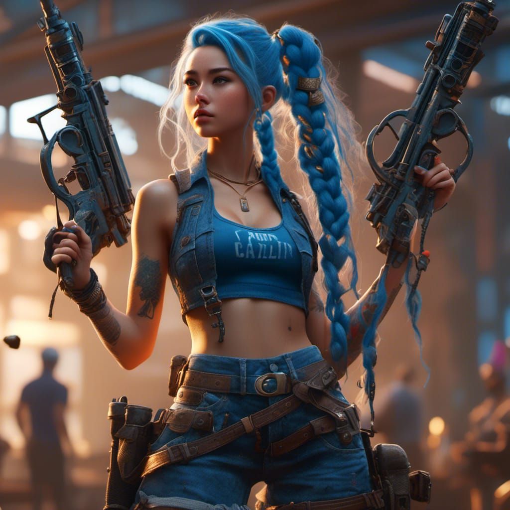 Tattooed Woman with Gatling Gun: Detailed Matte Painting